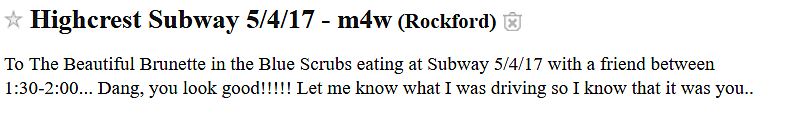 Rockford Guy Looking for Nurse in Blue Scrubs From Subway